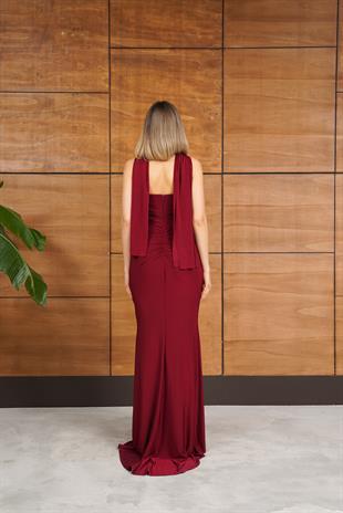 Straplez Önü Toka Aksesuarlı Bordo  Abiye Elbise