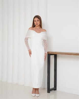 Açık Omuz Kollu Midi Boy Beyaz Abiye