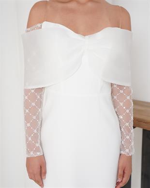 Açık Omuz Kollu Midi Boy Beyaz Abiye