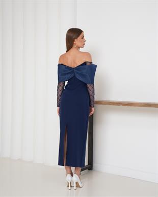 Açık Omuz Kollu Midi Boy Lacivert  Abiye