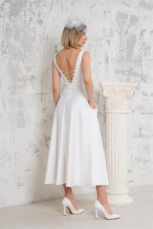 Askılı Beyaz Saten Biye Elbise