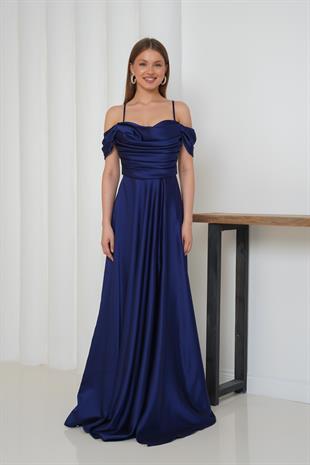 Askılı Düşük Kol Lacivert Abiye