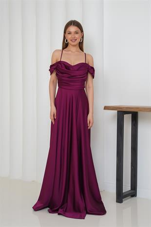 Askılı Düşük Kol Mürdüm Abiye