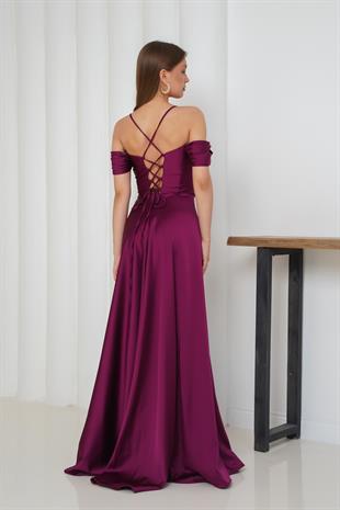 Askılı Düşük Kol Mürdüm Abiye