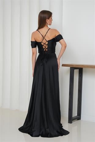 Askılı Düşük Kol Siyah Abiye