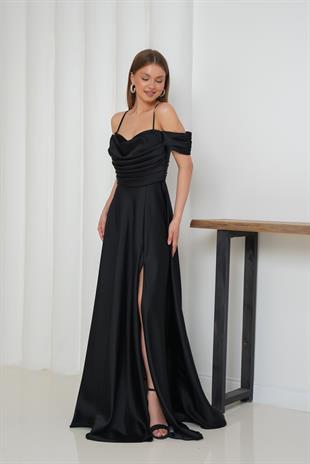 Askılı Düşük Kol Siyah Abiye