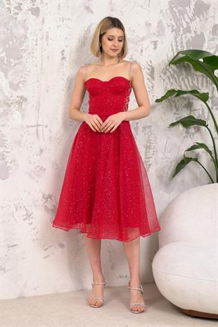 Askılı Kırmızı Abiye Elbise