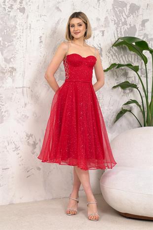 Askılı Kırmızı Abiye Elbise