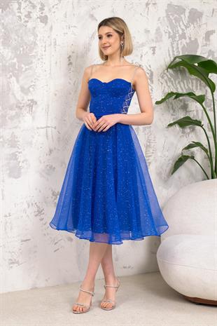 Askılı Mavi Abiye Elbise