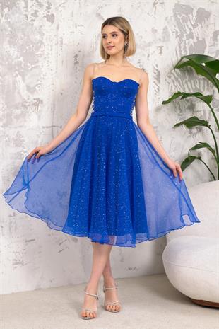 Askılı Mavi Abiye Elbise