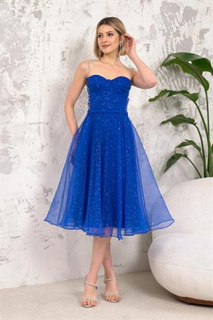 Askılı Mavi Abiye Elbise