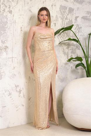 Askılı Önden Yırtmaçlı Payetli Gold Abiye