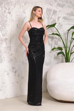 Askılı Önden Yırtmaçlı Payetli Siyah Abiye