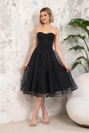 Askılı Siyah Abiye Elbise