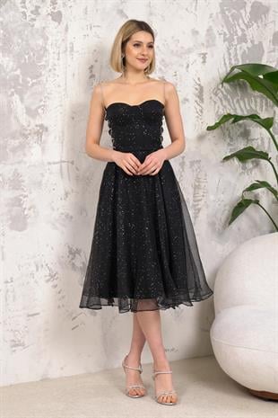 Askılı Siyah Abiye Elbise