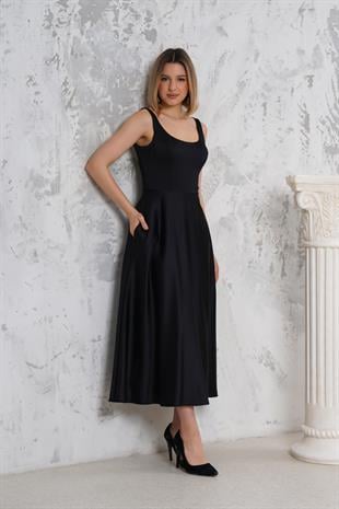 Askılı Siyah Saten Abiye