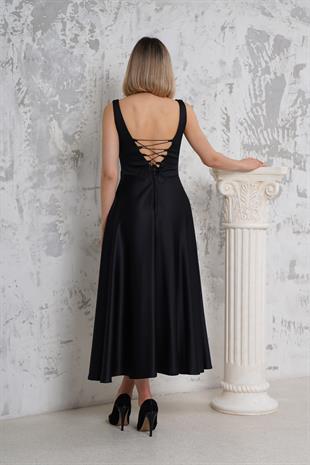 Askılı Siyah Saten Abiye