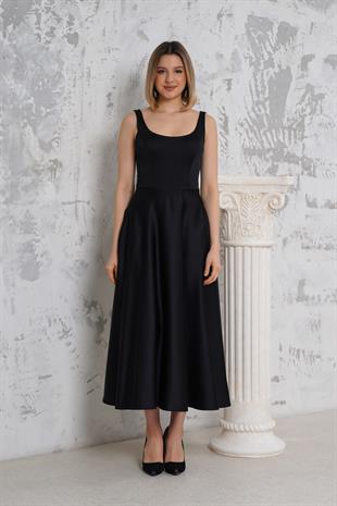 Askılı Siyah Saten Abiye