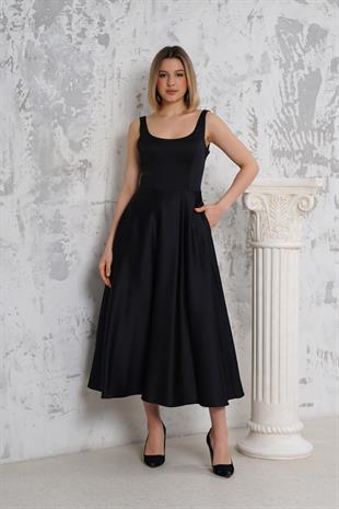 Askılı Siyah Saten Abiye