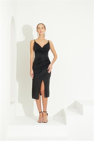 Askılı Siyah Yırtmaçlı Abiye Elbise