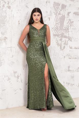 Bacak Dekolteli Pul Payet Haki Abiye