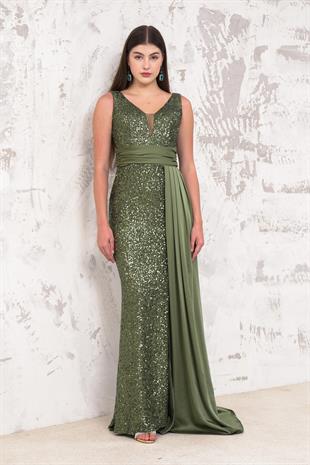 Bacak Dekolteli Pul Payet Haki Abiye