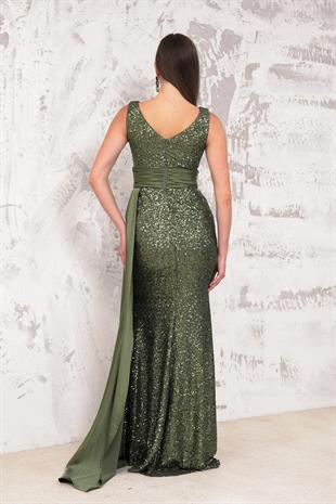 Bacak Dekolteli Pul Payet Haki Abiye