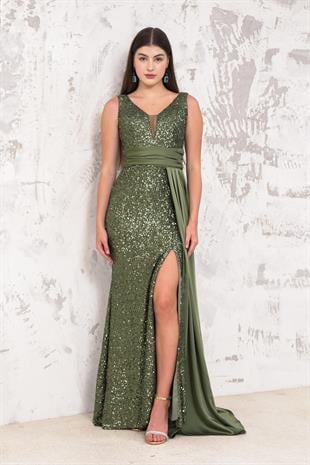 Bacak Dekolteli Pul Payet Haki Abiye