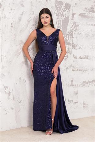 Bacak Dekolteli Pul Payet Lacivert Abiye Elbise