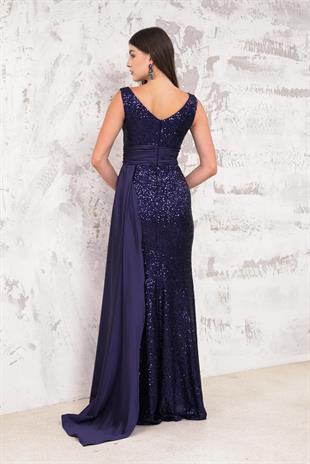 Bacak Dekolteli Pul Payet Lacivert Abiye Elbise