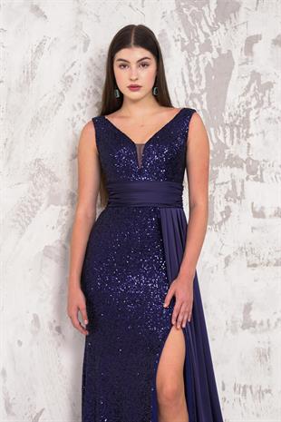 Bacak Dekolteli Pul Payet Lacivert Abiye Elbise