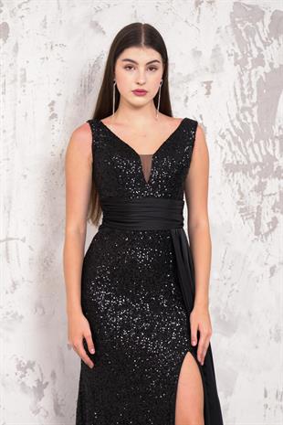 Bacak Dekolteli Pul Payet Siyah Abiye Elbise