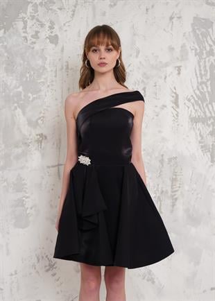 Beli Taşlı Siyah Mini Abiye