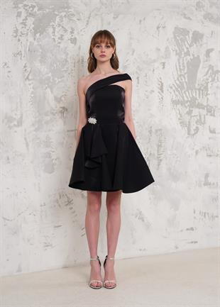 Beli Taşlı Siyah Mini Abiye