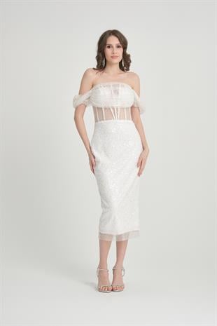 Beyaz Düşük Kol Pullu İncili Abiye Elbise