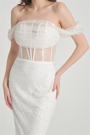 Beyaz Düşük Kol Pullu İncili Abiye Elbise