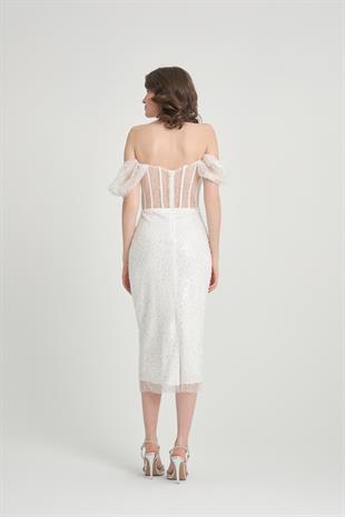 Beyaz Düşük Kol Pullu İncili Abiye Elbise