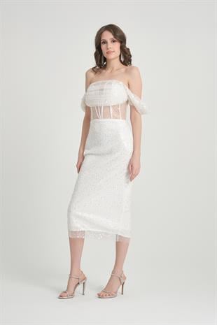 Beyaz Düşük Kol Pullu İncili Abiye Elbise