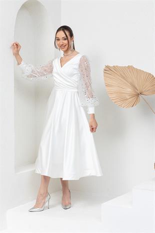 Beyaz Kolu Pullu Midi Abiye Elbise