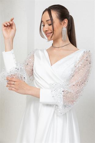 Beyaz Kolu Pullu Midi Abiye Elbise