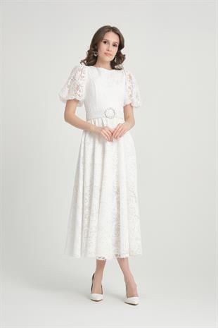 Beyaz Midi Boy Dantelli Abiye Elbise
