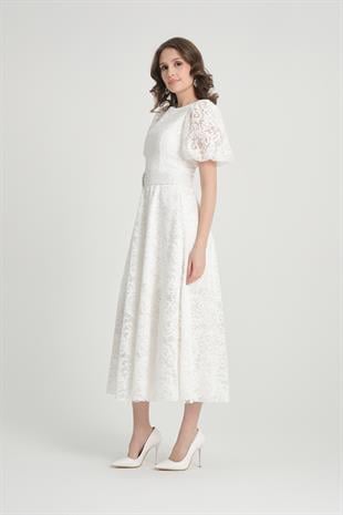 Beyaz Midi Boy Dantelli Abiye Elbise
