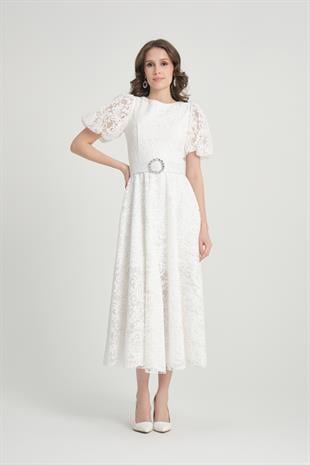 Beyaz Midi Boy Dantelli Abiye Elbise