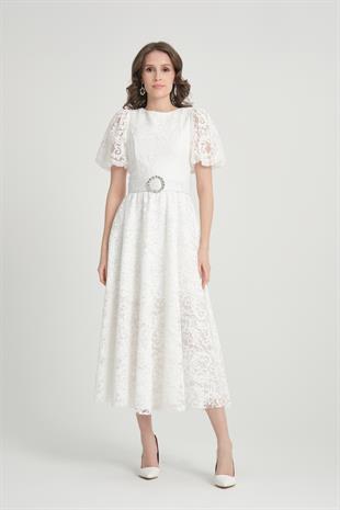 Beyaz Midi Boy Dantelli Abiye Elbise