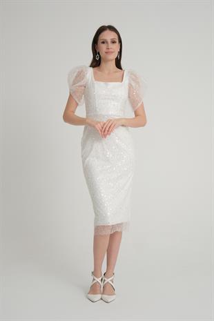 Beyaz Pullu Midi Boy Abiye Elbise