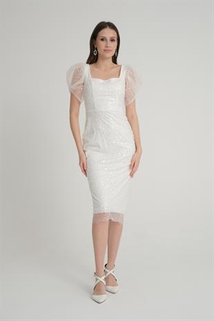 Beyaz Pullu Midi Boy Abiye Elbise