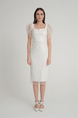 Beyaz Pullu Midi Boy Abiye Elbise