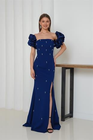 Boncuk İşlemeli Kol Detaylı Lacivert Uzun Abiye