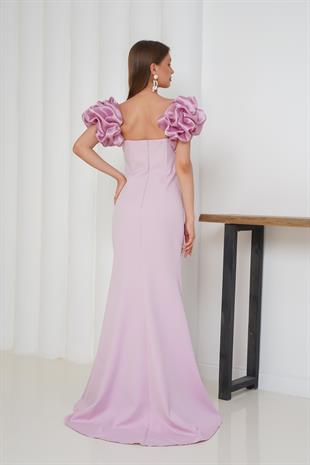 Boncuk İşlemeli Kol Detaylı Pudra Uzun Abiye