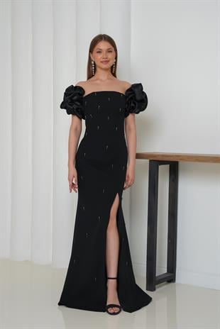 Boncuk İşlemeli Kol Detaylı Siyah Uzun Abiye